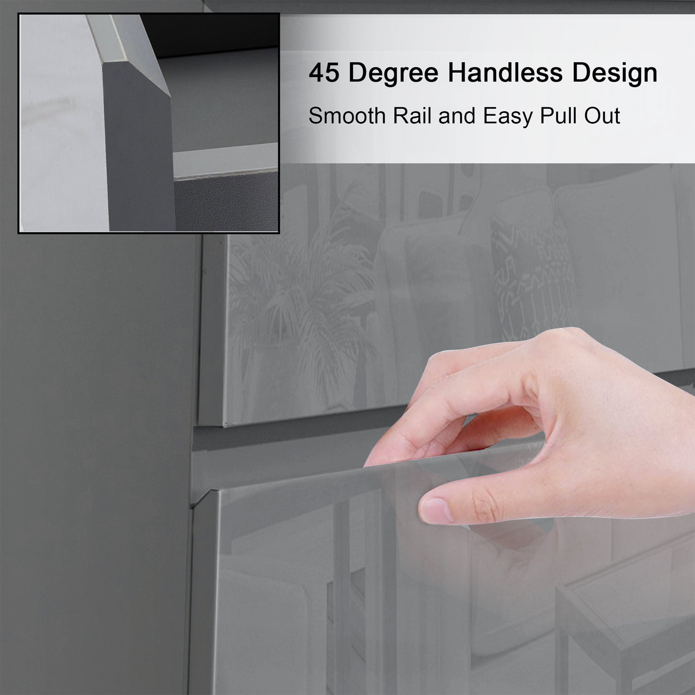 Detail of Dark Grey Chest of Drawers - High Gloss Drawers showing handleless design with smooth rail pull-out system.