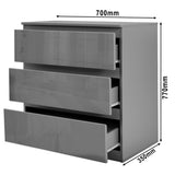 Dark Grey Chest of Drawers - High Gloss Drawers 3-drawer unit dimensions: 770mm height, 700mm width, 350mm depth.