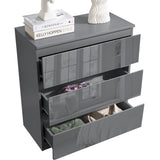 Dark Grey Chest of Drawers - High Gloss Drawers 3-drawer unit with open drawers displaying clothing storage capacity.
