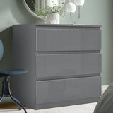 Dark Grey Chest of Drawers - High Gloss Drawers 3-drawer unit styled in a bedroom, offering modern storage with a glossy finish.