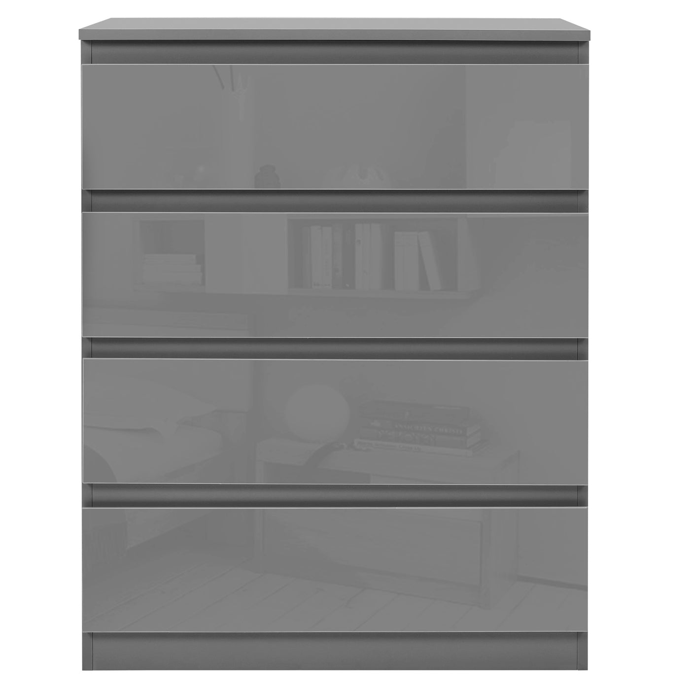 Front view of Dark Grey Chest of Drawers - High Gloss Drawers 4-drawer model with a modern, glossy finish.