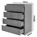 Dimensions of Dark Grey Chest of Drawers - High Gloss Drawers 4-drawer unit: 885mm height, 700mm width, 400mm depth.