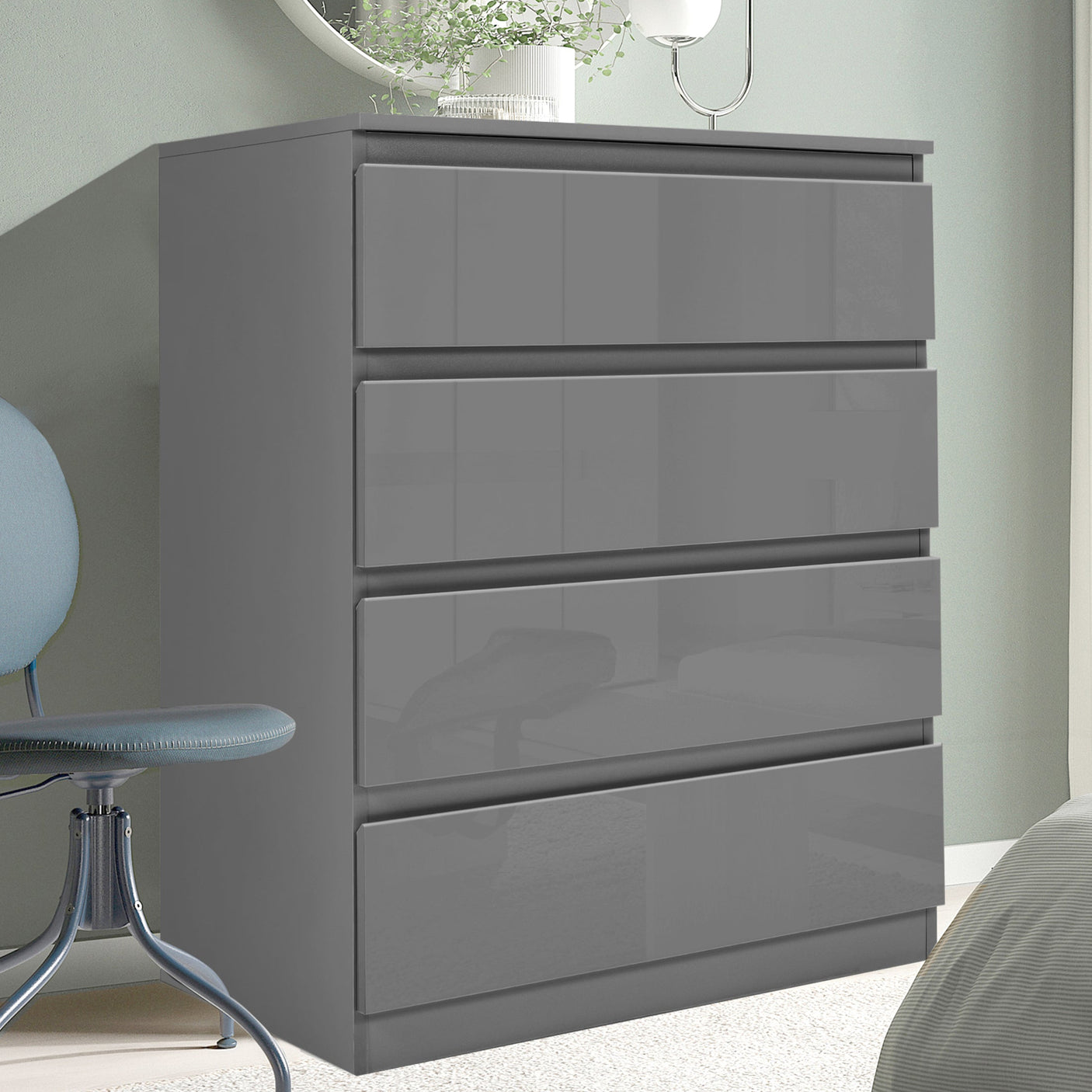 Dark Grey Chest of Drawers - High Gloss Drawers 4-drawer unit in a bedroom setting, offering stylish and spacious storage.