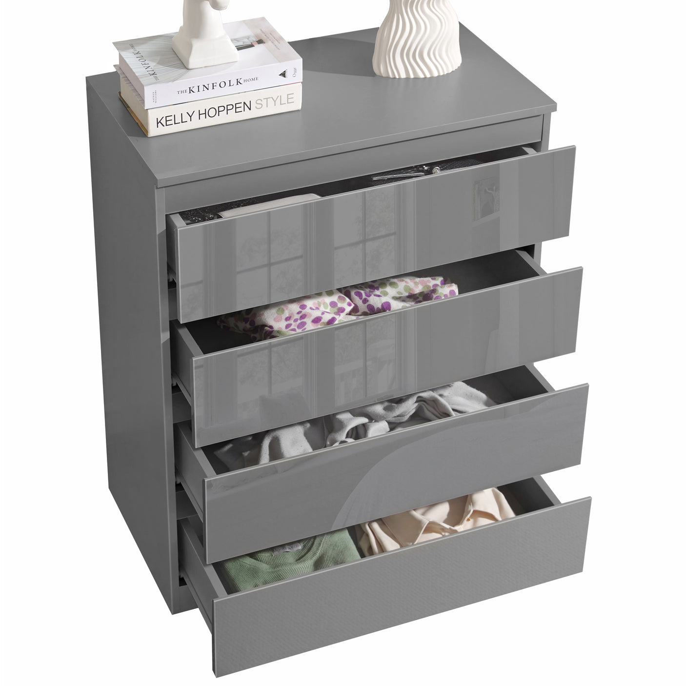 Dark Grey Chest of Drawers - High Gloss Drawers 4-drawer unit with open drawers showcasing organized clothing storage.
