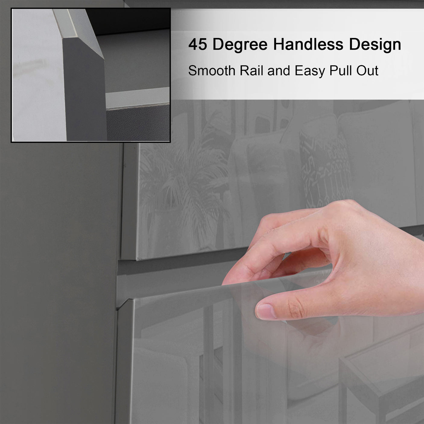 Close-up of Dark Grey Chest of Drawers - High Gloss Drawers showing 45-degree handleless edge for smooth drawer access.