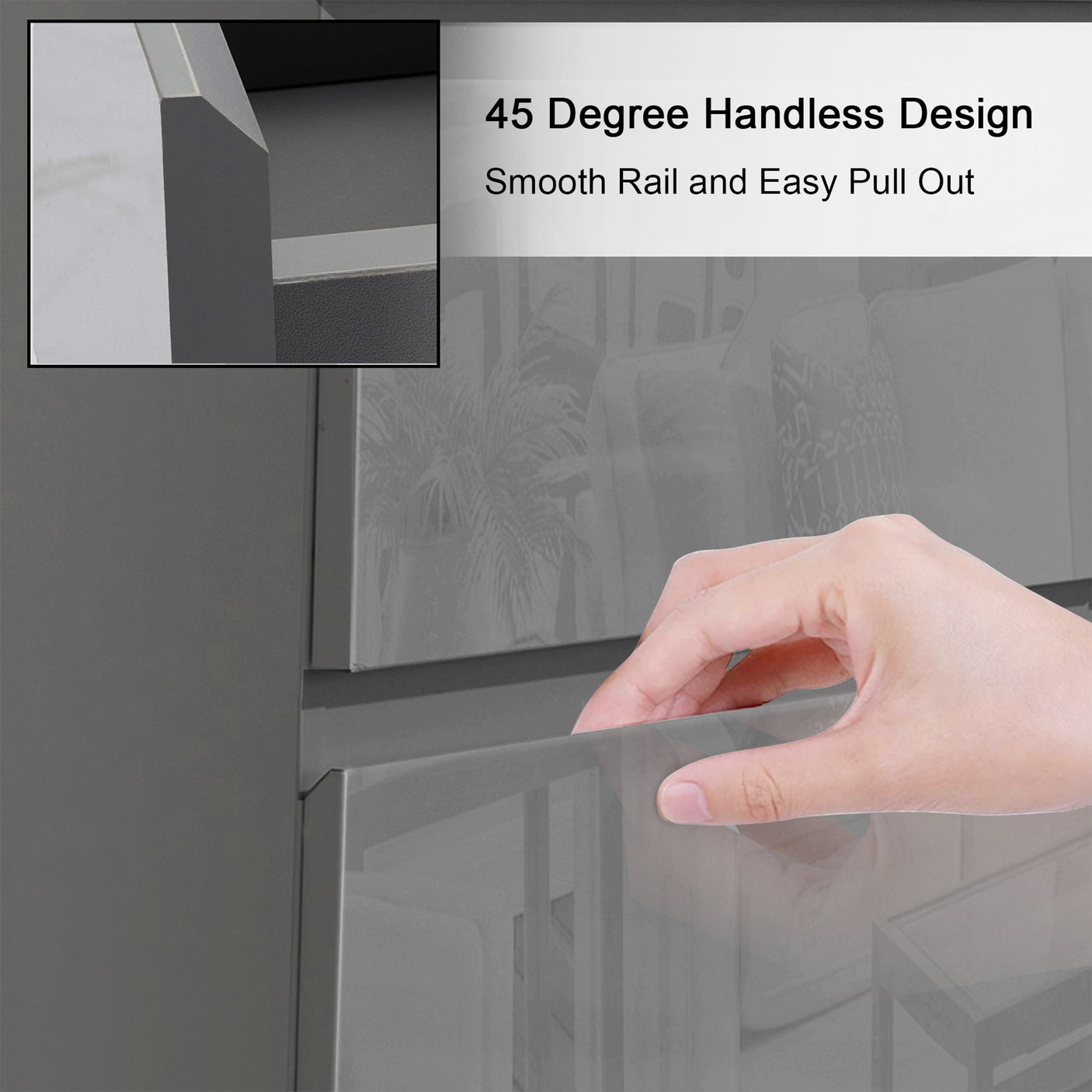 Close-up of Dark Grey Chest of Drawers - High Gloss Drawers showing 45-degree handleless edge for smooth drawer access.