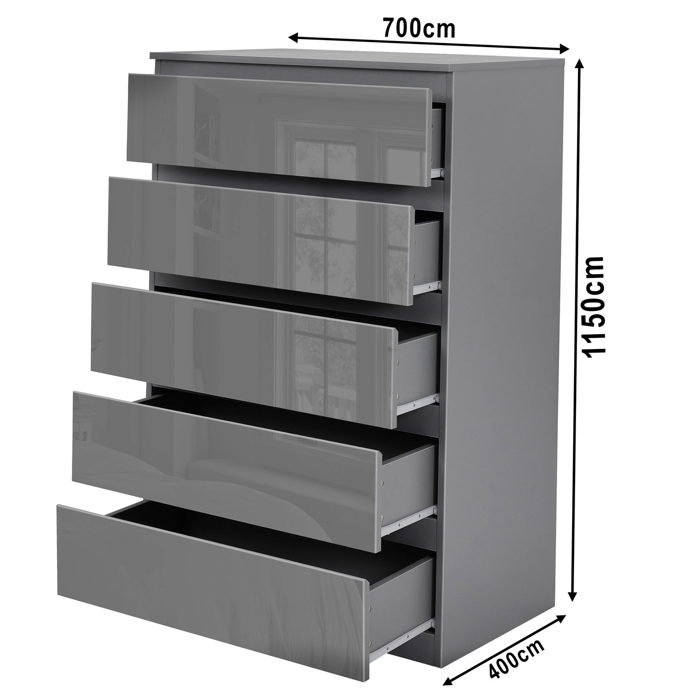 Dark Grey Chest of Drawers - High Gloss Drawers 5-drawer unit dimensions: 1150mm height, 700mm width, 400mm depth.