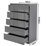 Dark Grey Chest of Drawers - High Gloss Drawers 5-drawer unit dimensions: 1150mm height, 700mm width, 400mm depth.