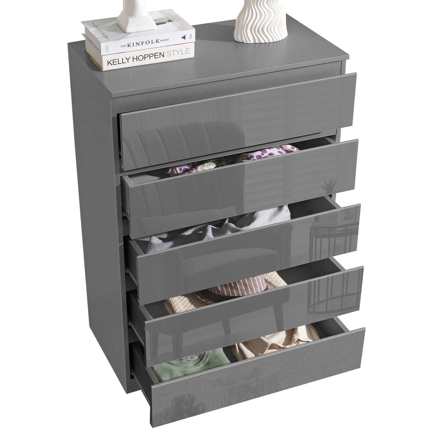 Dark Grey Chest of Drawers - High Gloss Drawers 5-drawer unit with open drawers displaying ample storage for clothes.