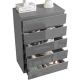 Dark Grey Chest of Drawers - High Gloss Drawers 5-drawer unit with open drawers displaying ample storage for clothes.