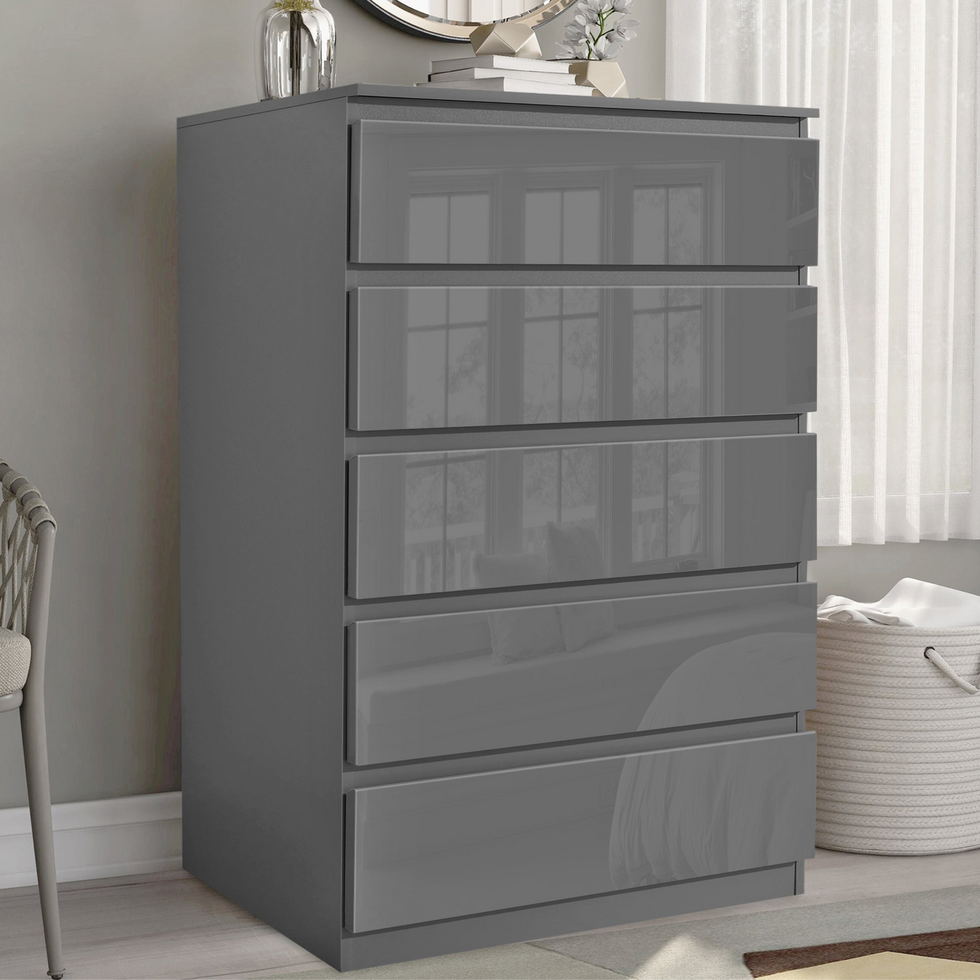 Dark Grey Chest of Drawers - High Gloss Drawers 5-drawer unit styled in a bedroom, perfect for vertical storage solutions.