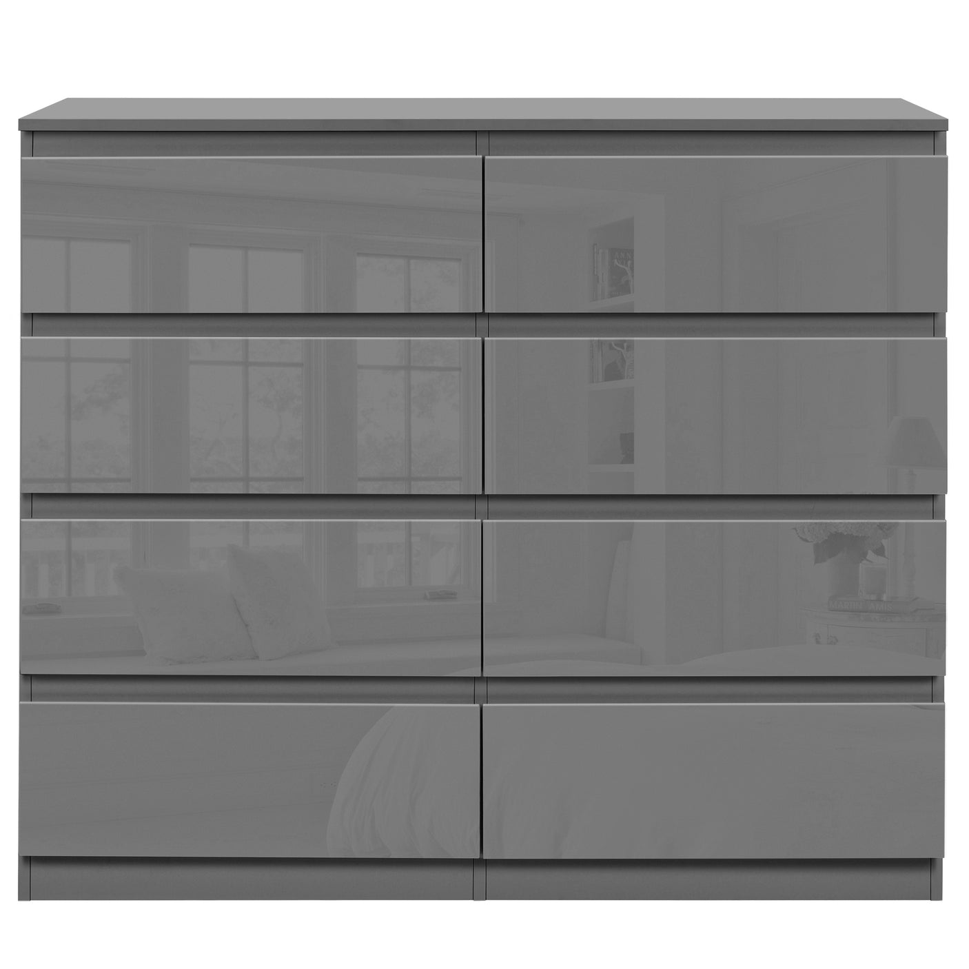 Front view of Dark Grey Chest of Drawers - High Gloss Drawers 8-drawer model with a modern, glossy and symmetrical layout.