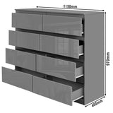 Dimensions of Dark Grey Chest of Drawers - High Gloss Drawers 8-drawer unit: 970mm height, 1150mm width, 400mm depth.