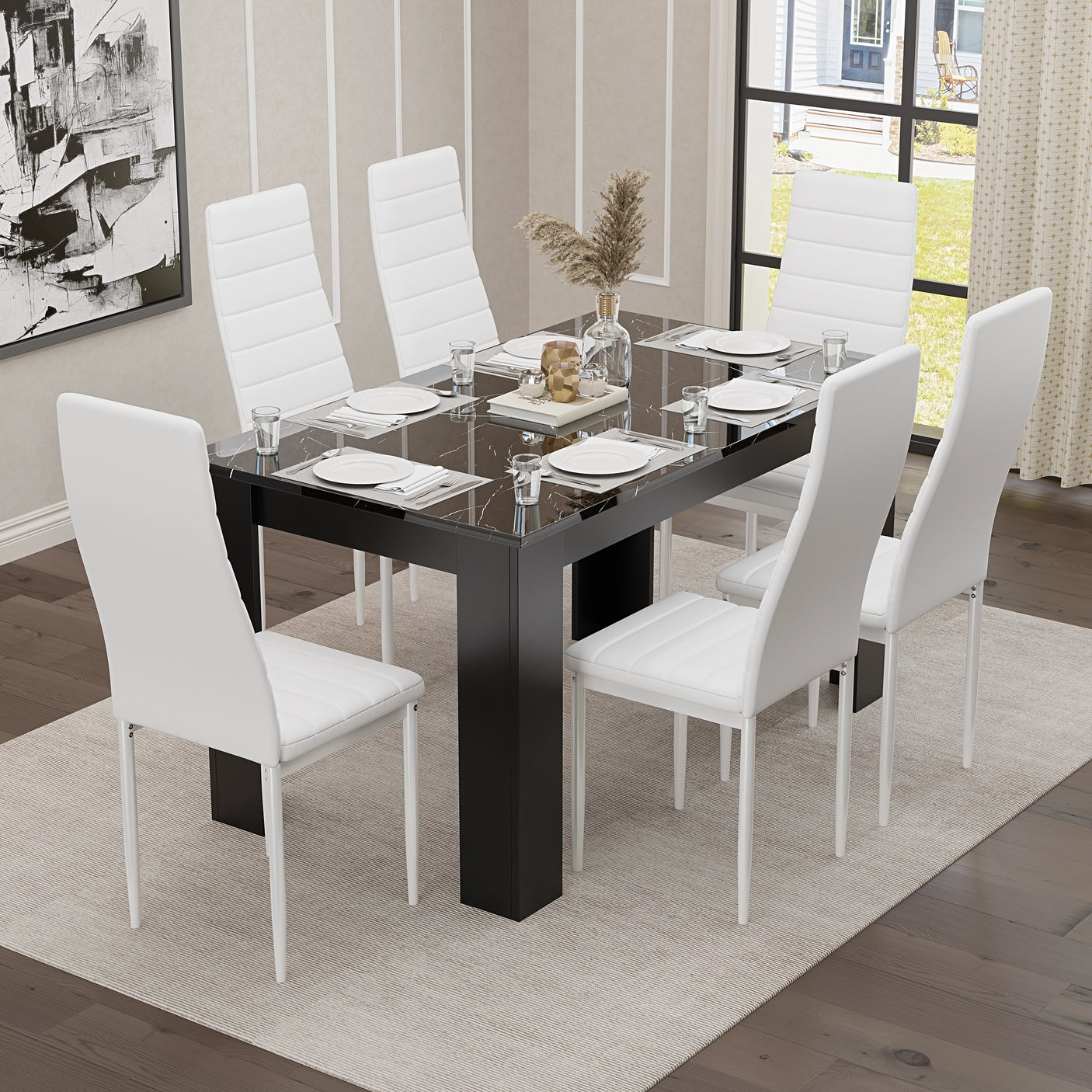 Compact Black Marble Finish Kitchen Table and Chairs Set