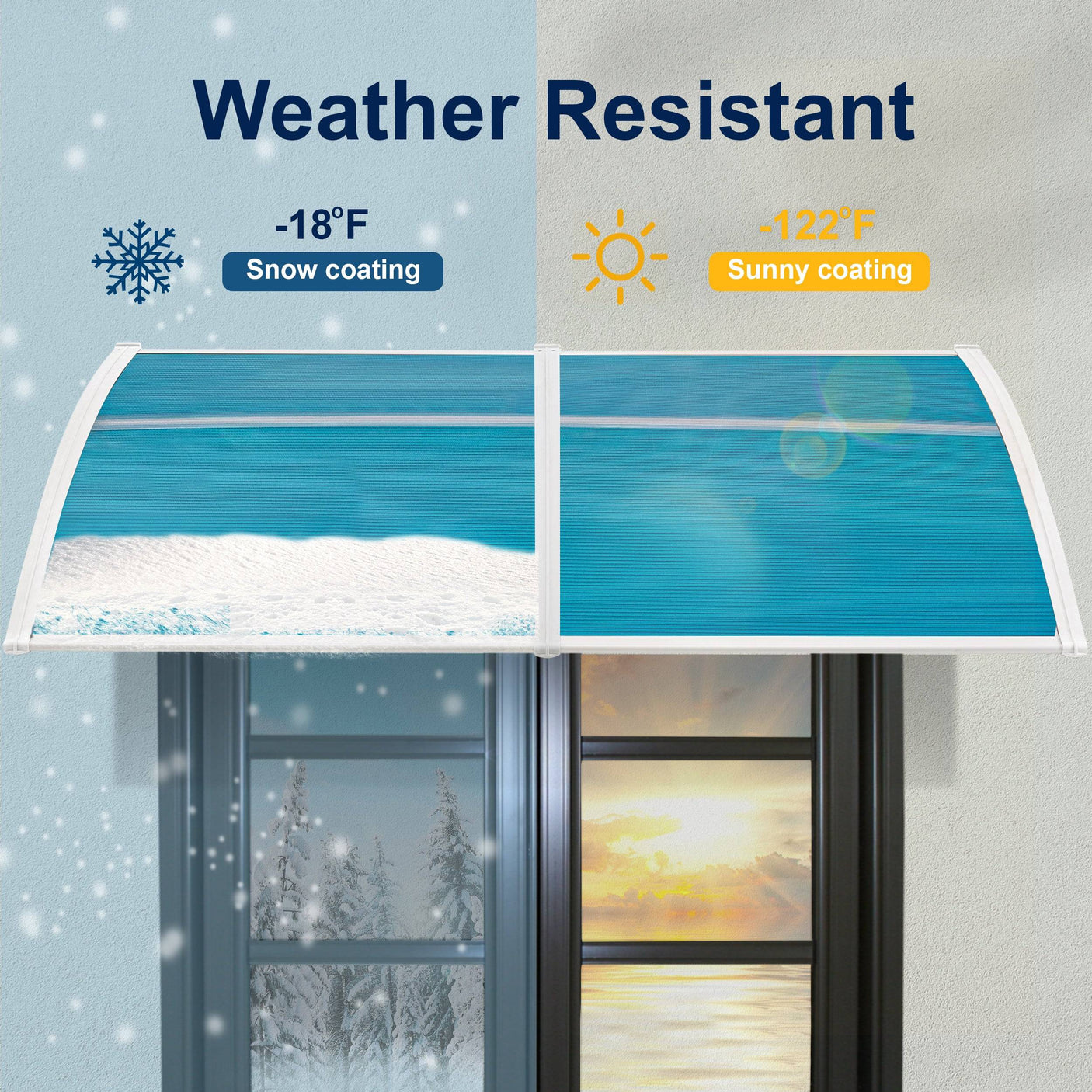 Decorative door canopy with snow and sunny coating for all-weather protection.