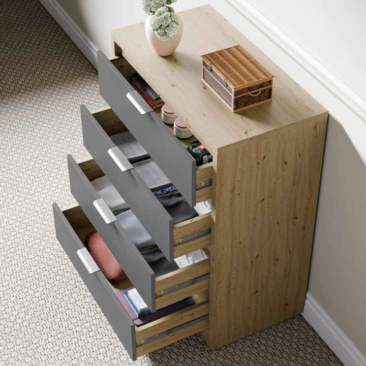[Oak+Grey] Drawers for bedroom in a wooden grey finish with partially opened drawers, placed against a wall