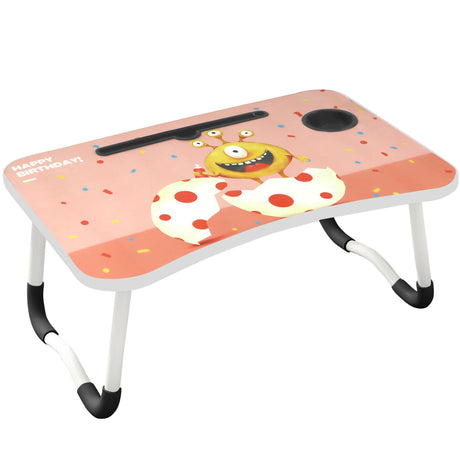 Designer desks for home office with colorful cartoon design, sturdy foldable legs, and a compact.