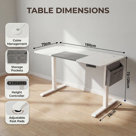 White Electric Standing Desk dimensions: 160cm x 70cm, height adjustable from 72cm to 120cm, with cable management and storage pockets.