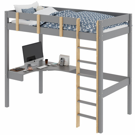 Desk bunk bed with ladder and cloud-patterned bedding, perfect for kids' rooms.