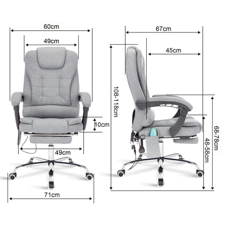 Desk chair with heated massage, featuring product dimensions for optimal comfort.