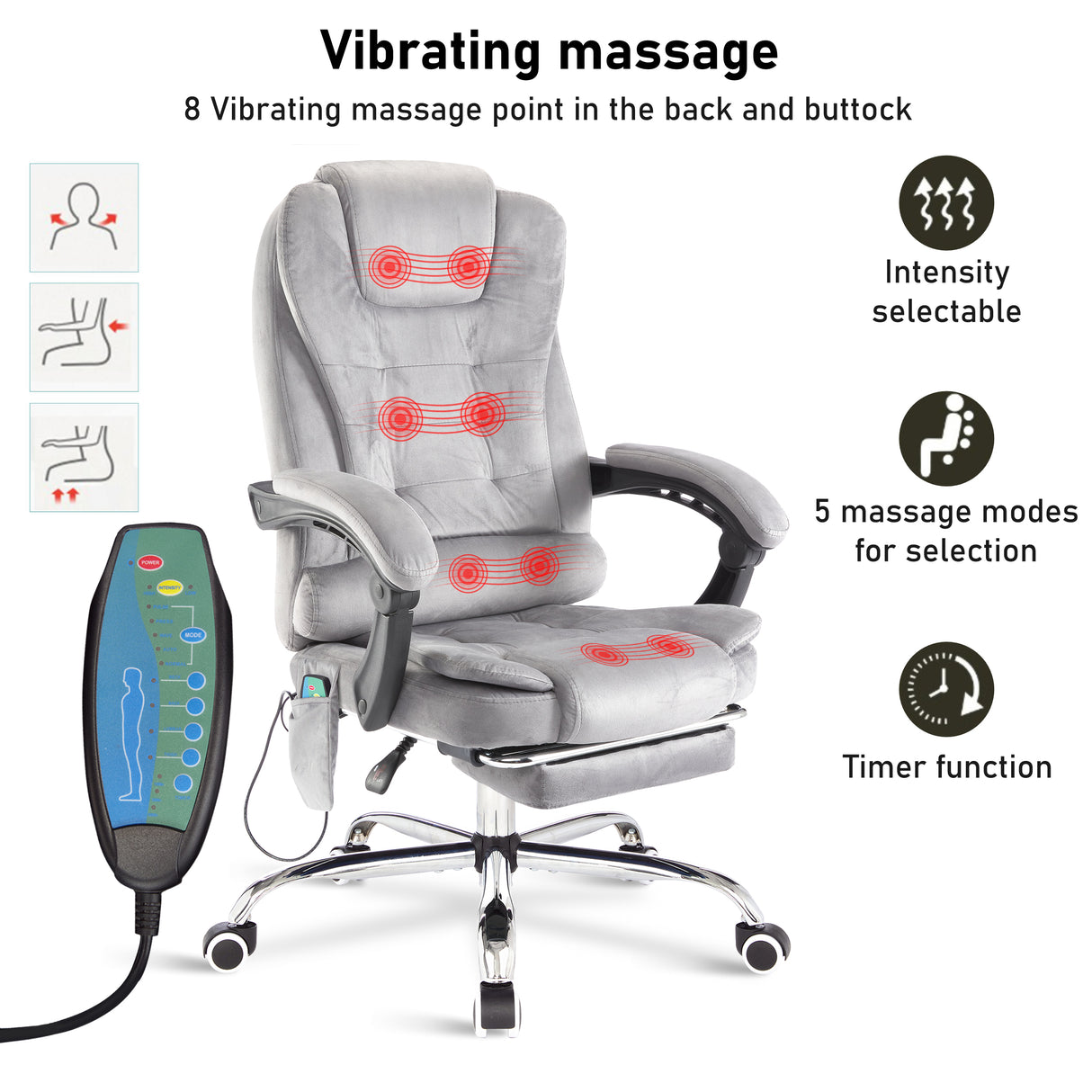 Desk chair office with intensity-selectable massage function, ergonomic design, and padded seat.