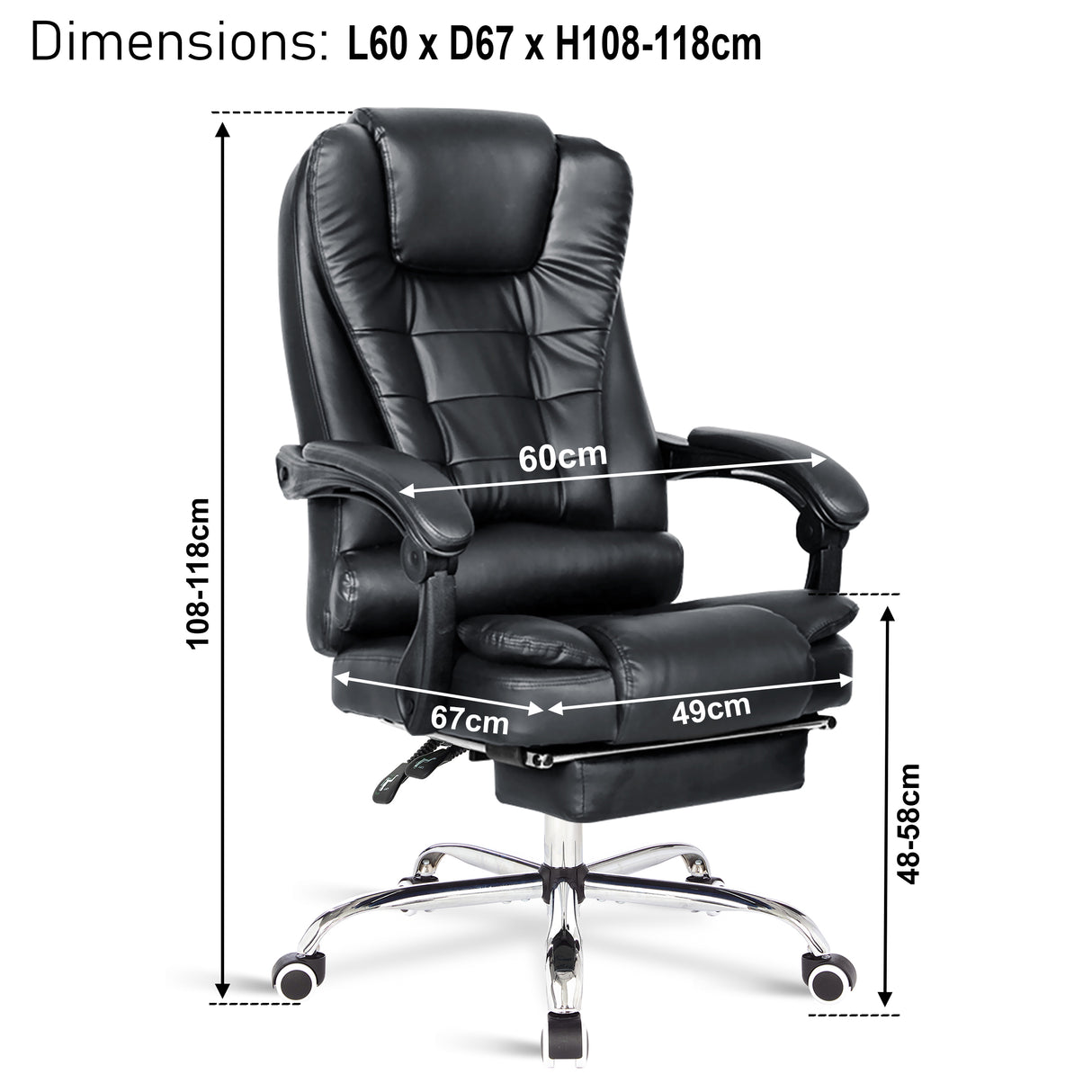 Shop desk chair with footrest, with dimensions for comfort and support in any workspace.