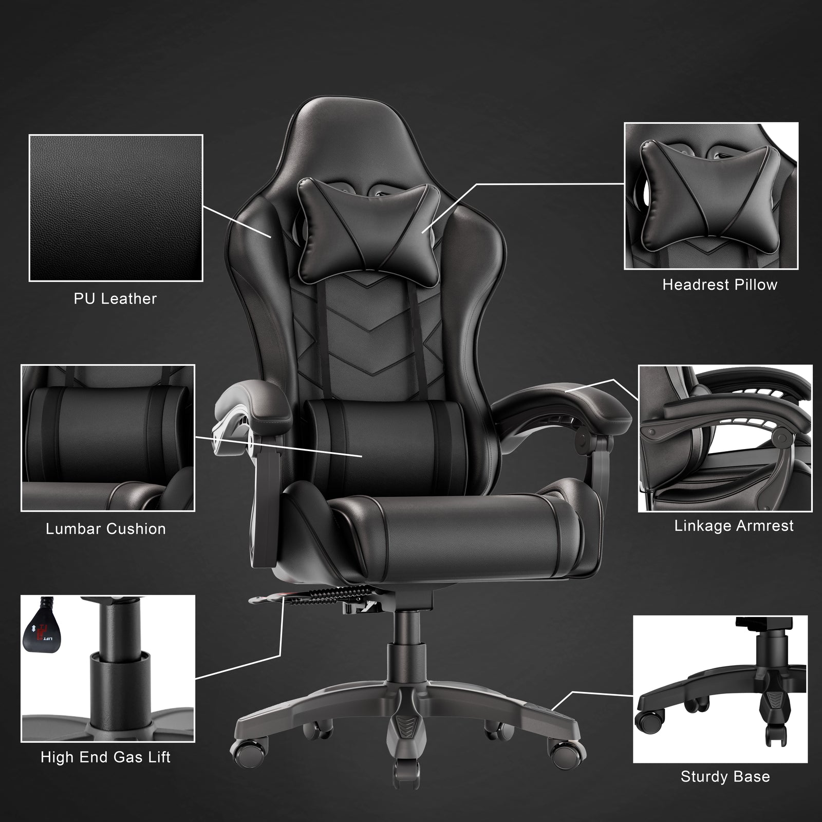 [Black] Ergonomic gaming chair with lumbar support, padded armrest, PU leather finish, headrest pillow, and sturdy base for home or office use.