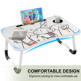 Desk for laptop with a comfortable design and ergonomic bending for enhanced comfort.