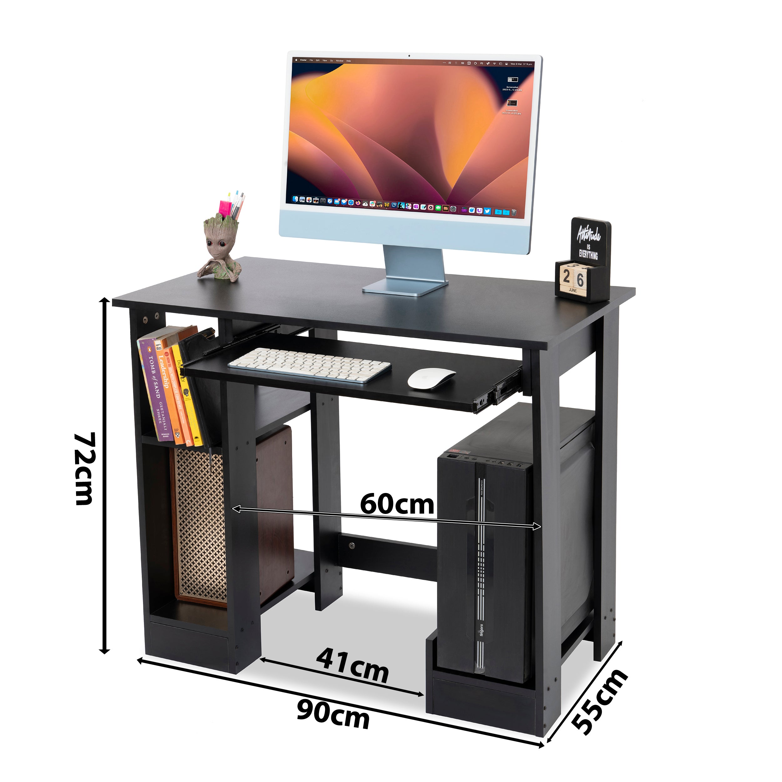 Black desk for PC with dimensions 90x55x72cm, featuring shelves for books and CPU.