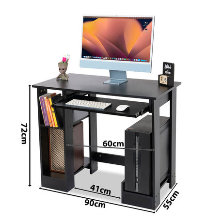 Black desk for PC with dimensions 90x55x72cm, featuring shelves for books and CPU.