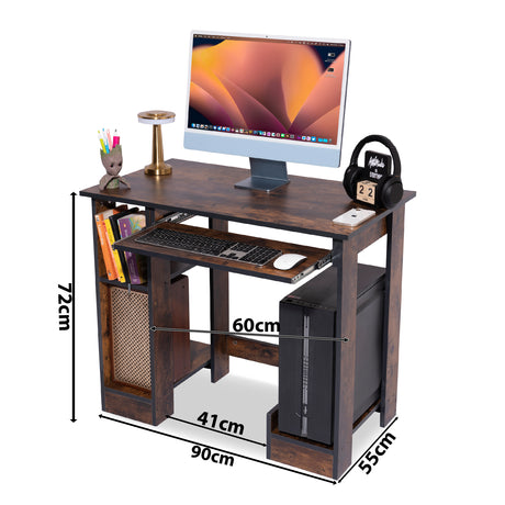 Rustic brown desk gaming PC setup with dimensions displayed, featuring a monitor, keyboard, mouse.