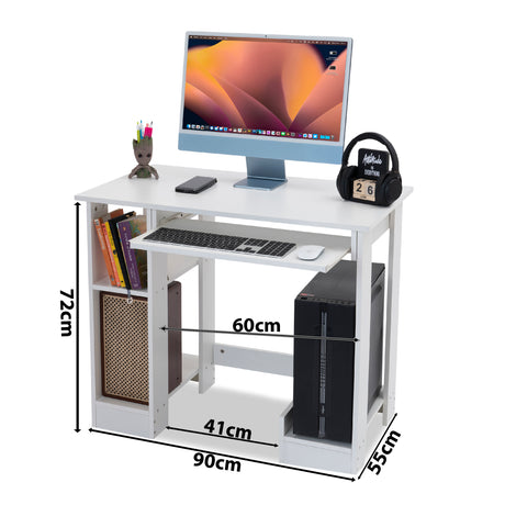 Compact desk PC setup with dimensions highlighted, featuring a monitor, keyboard, CPU.