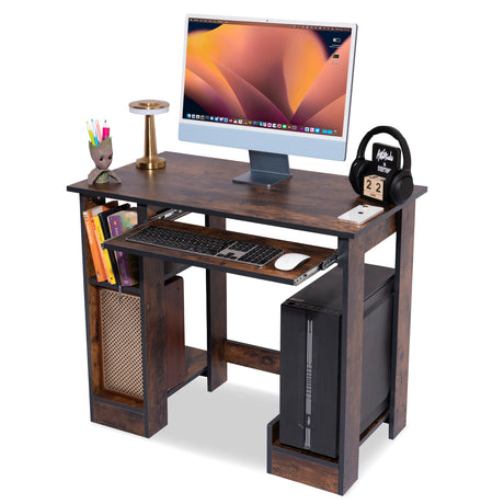 Rustic brown desk top PC setup with shelves for books, a sliding keyboard tray.