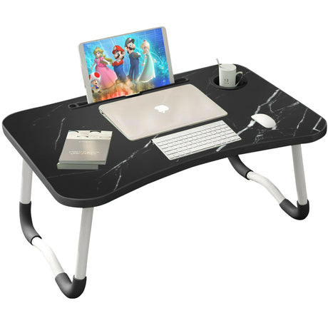 Desks for home office with marble design, tablet slot, cup holder, and foldable legs.