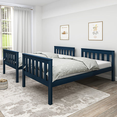 blue detachable bunk beds shown split into two singles with white bedding, perfect for shared children’s rooms