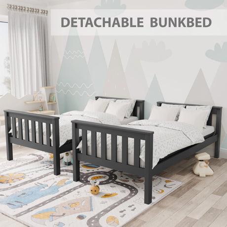 Dark Grey detachable double bunk bed for kids split into 2 single beds with white bedding in minimalistic kids’ room