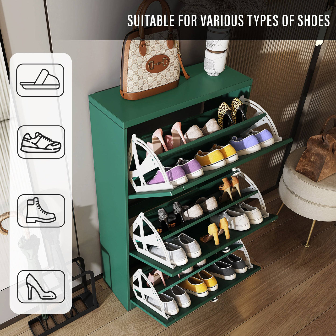 Green Blisswood Shoe Cabinet With Doors open to display various shoe types, suitable for entryway use.