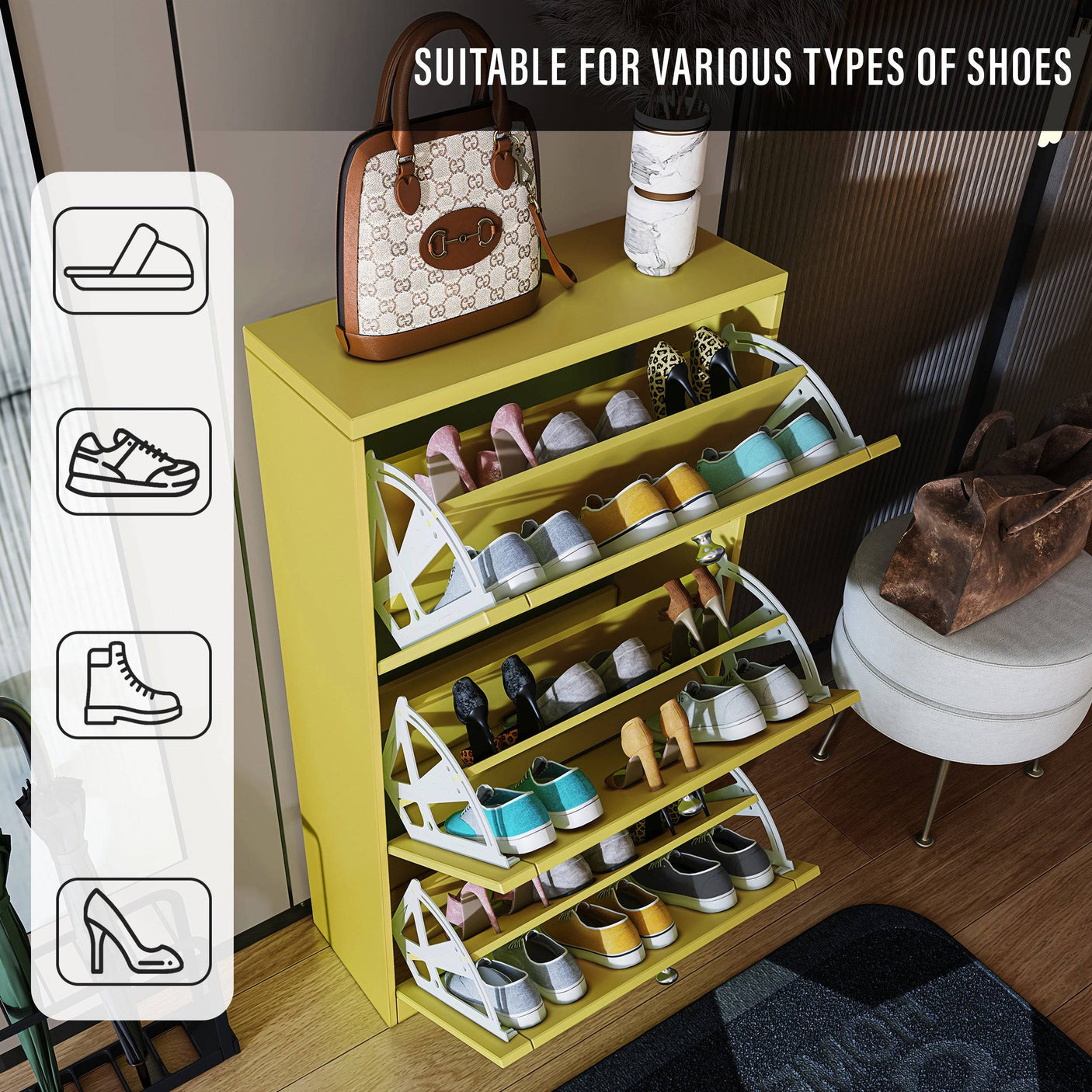 Yellow Blisswood Shoe Cabinet With Doors open to display various shoe types, ideal for versatile footwear organization.