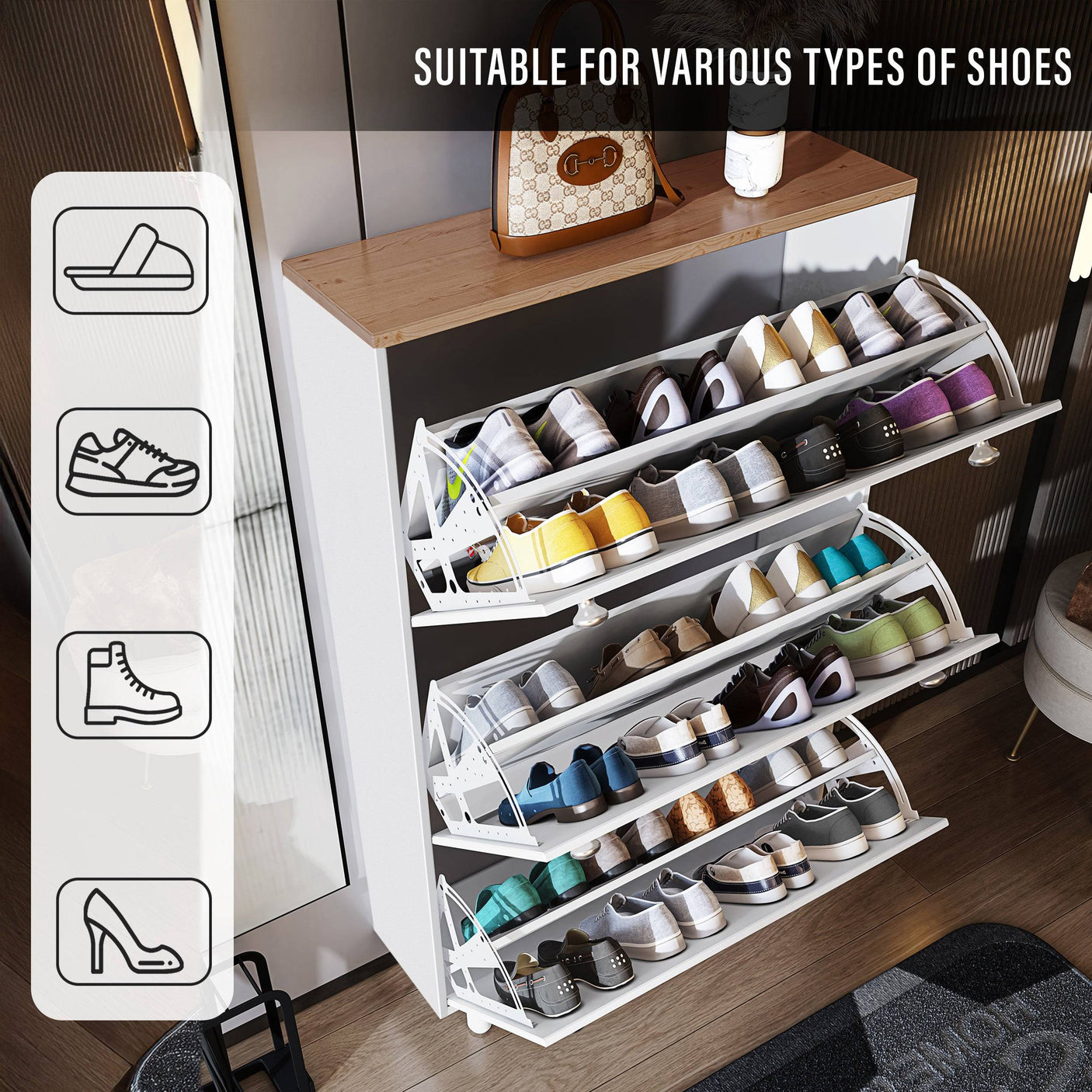 Blisswood Shoe Cabinet Hallway in white with icons showing compatibility with sandals, sneakers, boots, and heels. Versatile shoe organizer.