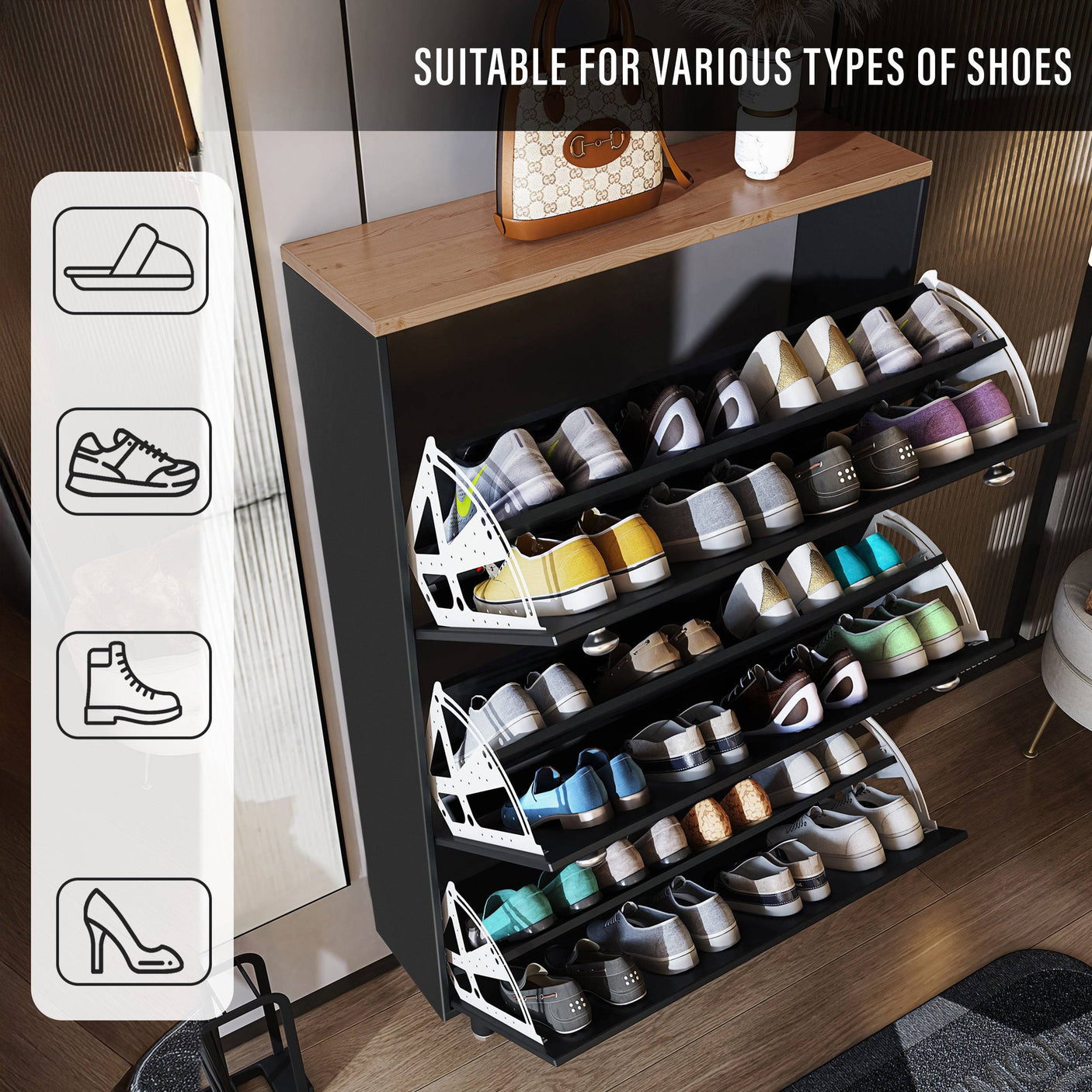 Blisswood Shoe Cabinet Hallway in black with icons indicating compatibility with sandals, sneakers, boots, and heels. Versatile storage.
