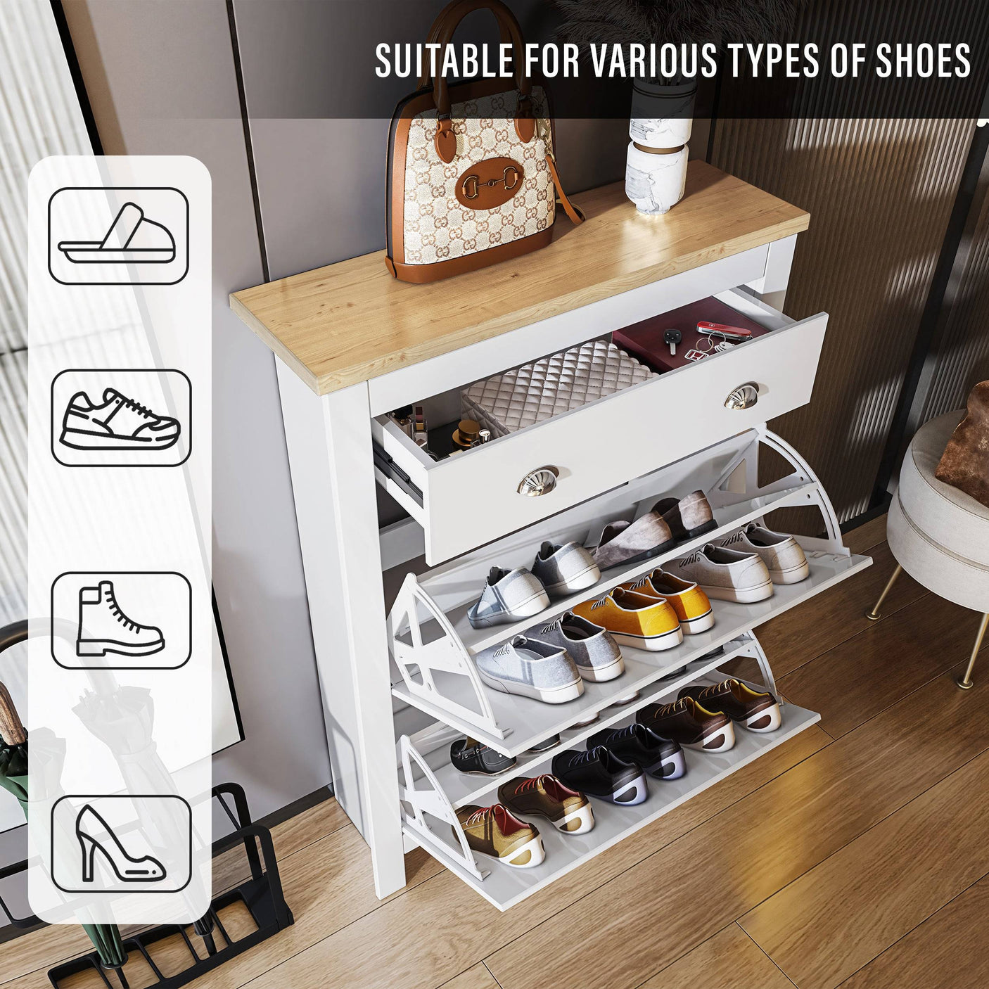 White Blisswood Shoe Cabinet with icons showing compatibility with various shoe types, ideal for versatile shoe storage.