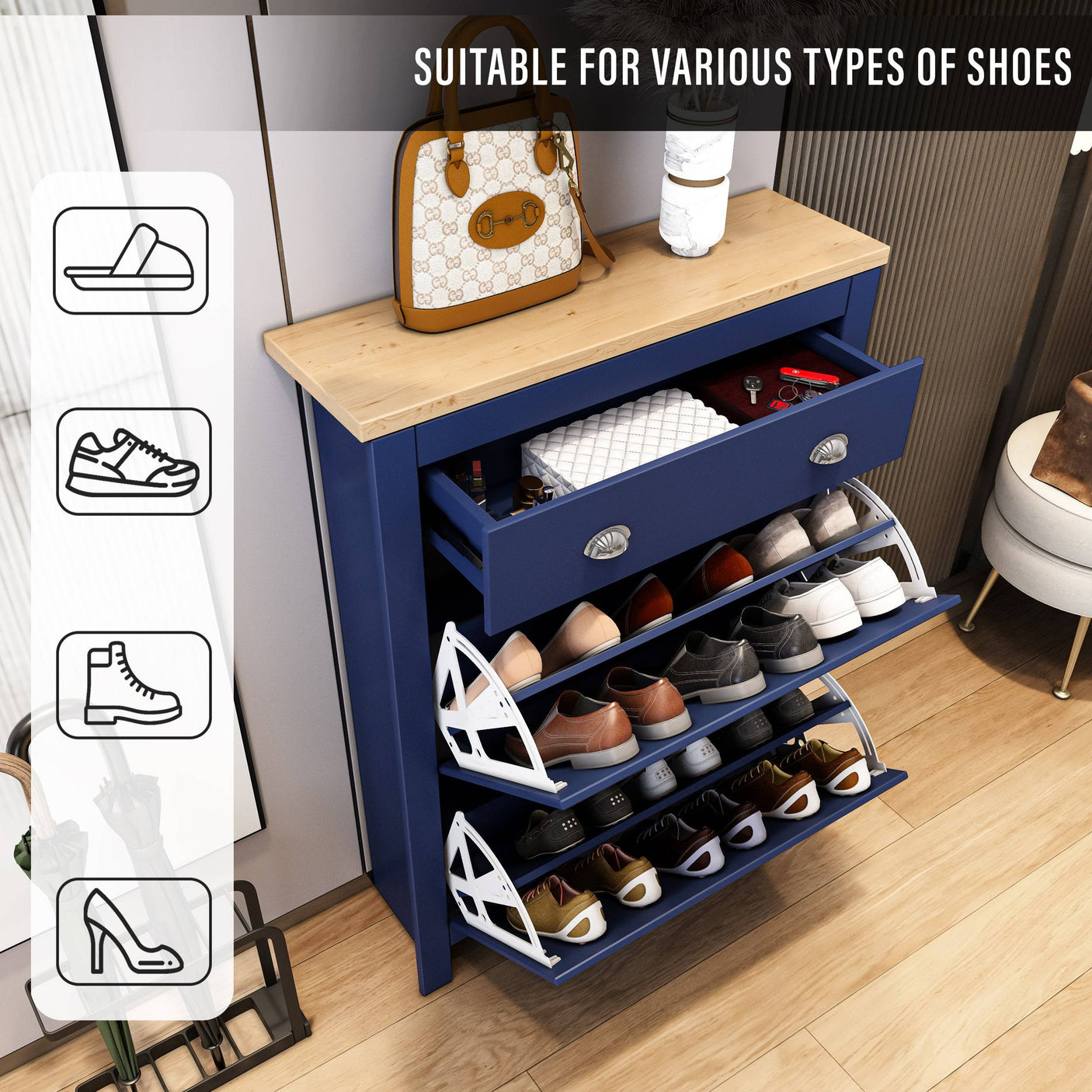 Navy Blisswood Shoe Cabinet with icons showing compatibility with various shoe types, ideal for versatile storage.