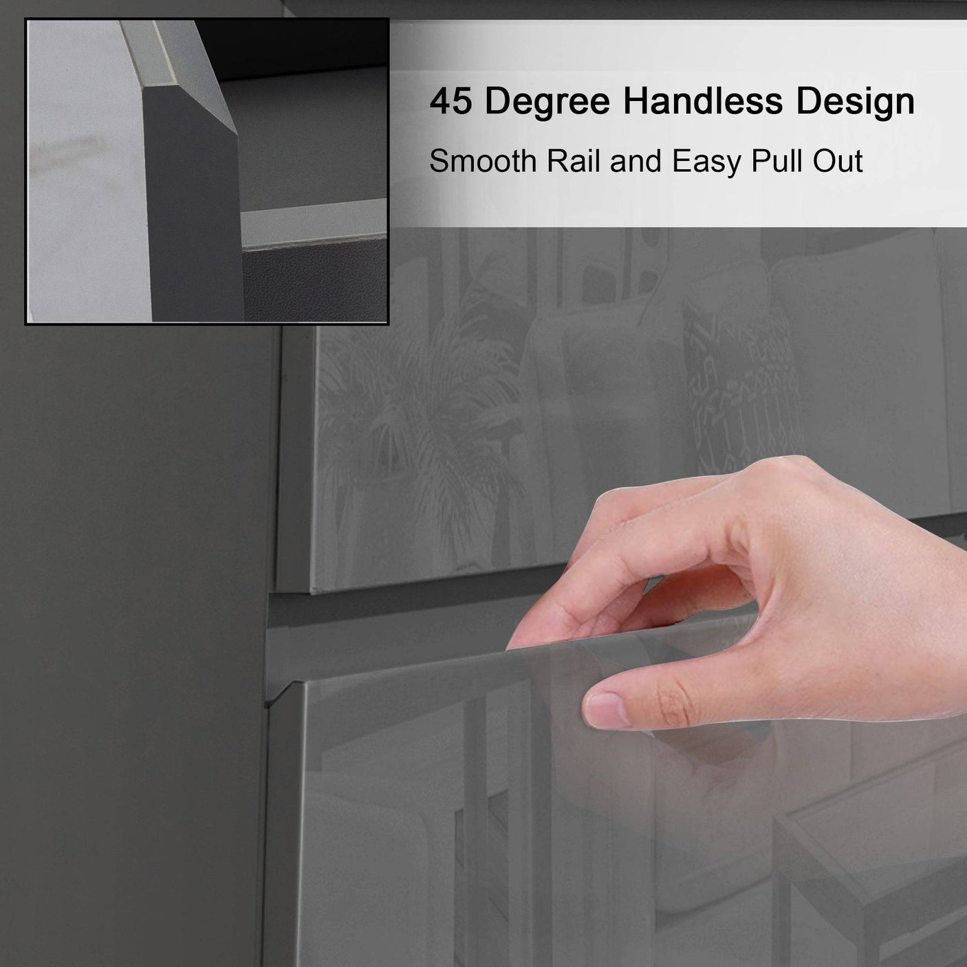 Detail of Blisswood Dark Grey Chest of Drawers - High Gloss Drawers showing handleless design with smooth rail pull-out system.