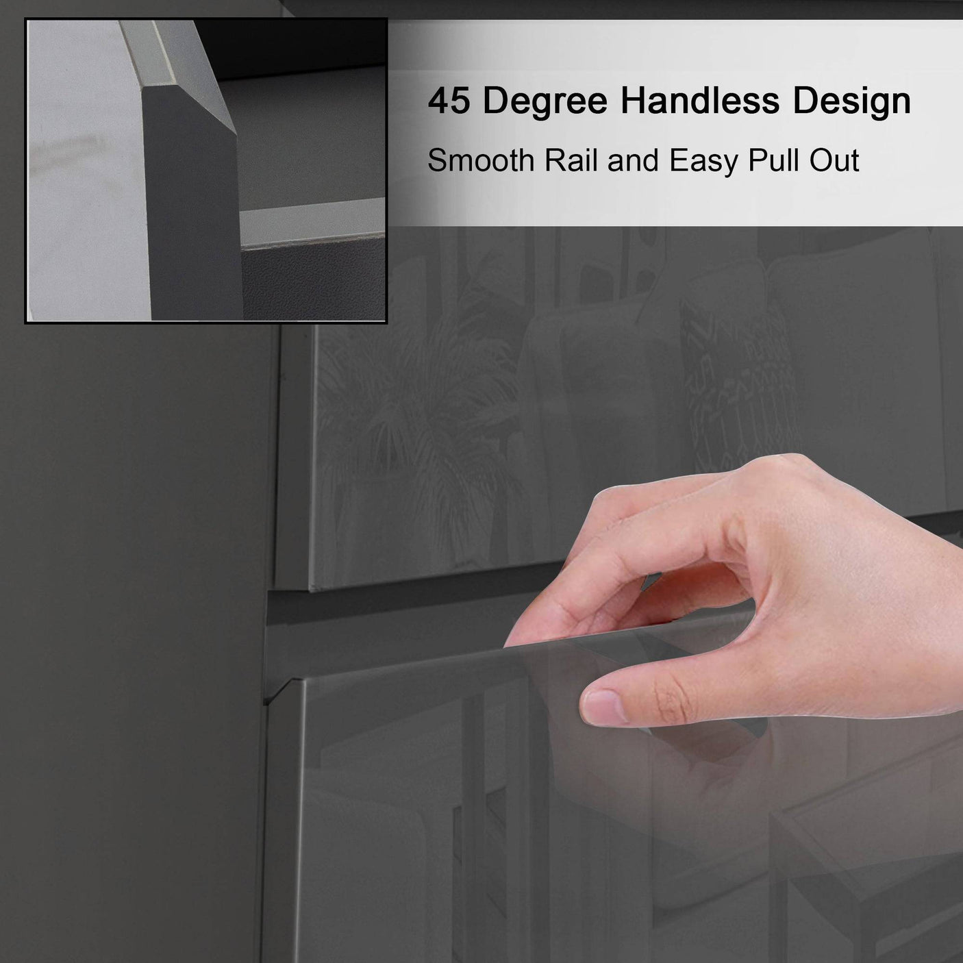 Close-up of Blisswood Dark Grey Chest of Drawers - High Gloss Drawers showing 45-degree handleless edge for easy drawer pull-out.