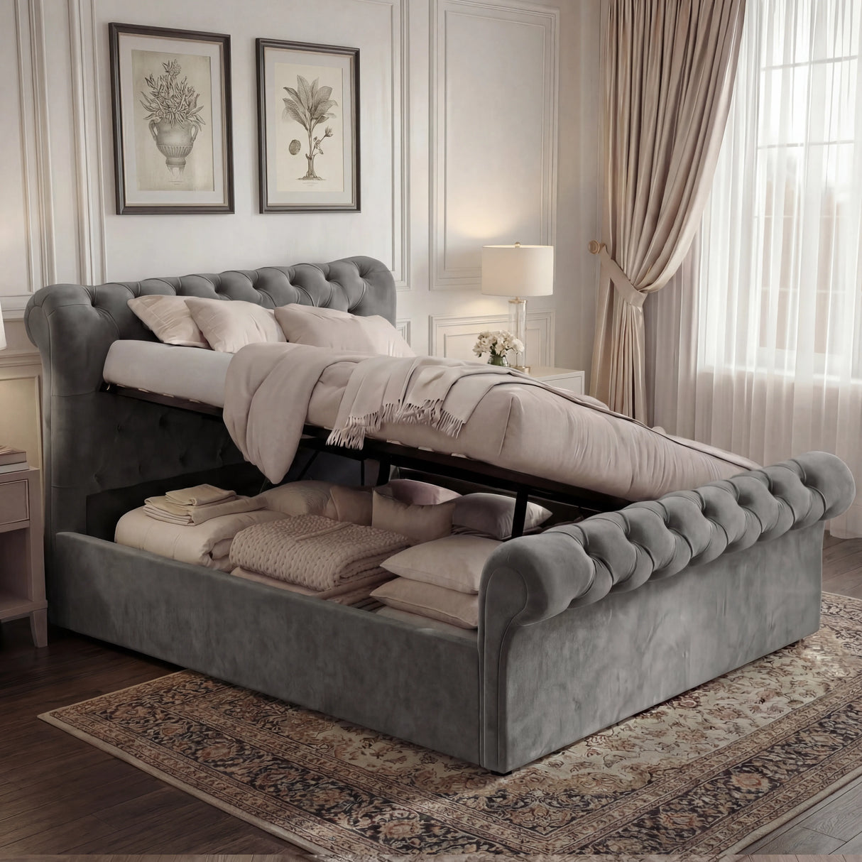 Chesterfield Ottoman Storage Bed in grey velvet with side lift mechanism, showcasing under-bed storage space for bedding and pillows in a classic bedroom.