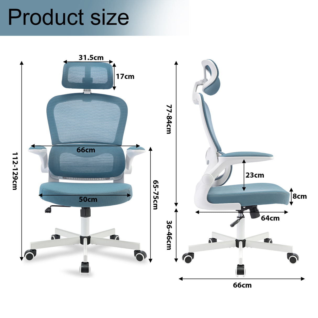 Dimensions of blue office chair with ergonomic design and adjustable features.