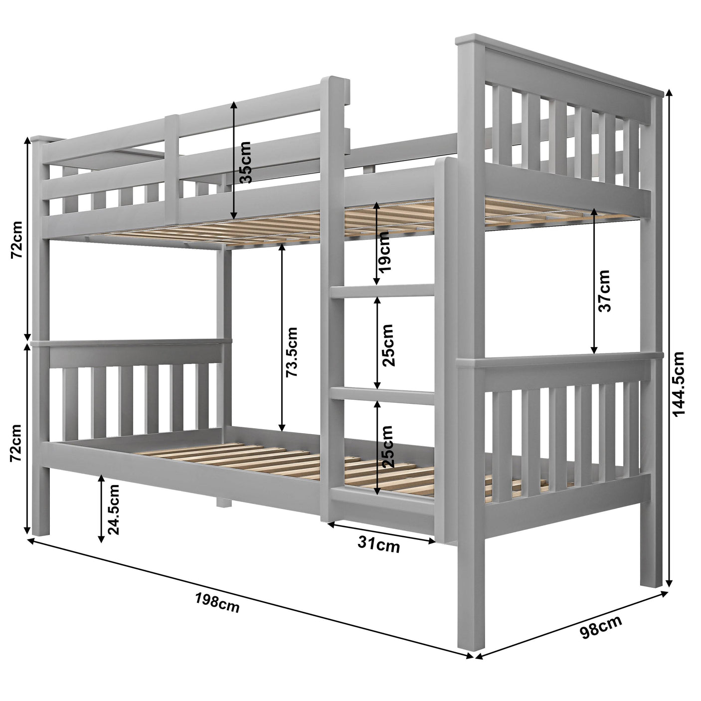 Grey kids' bunk bed with full dimensions labeled, including height, width, and ladder spacing for easy room planning.