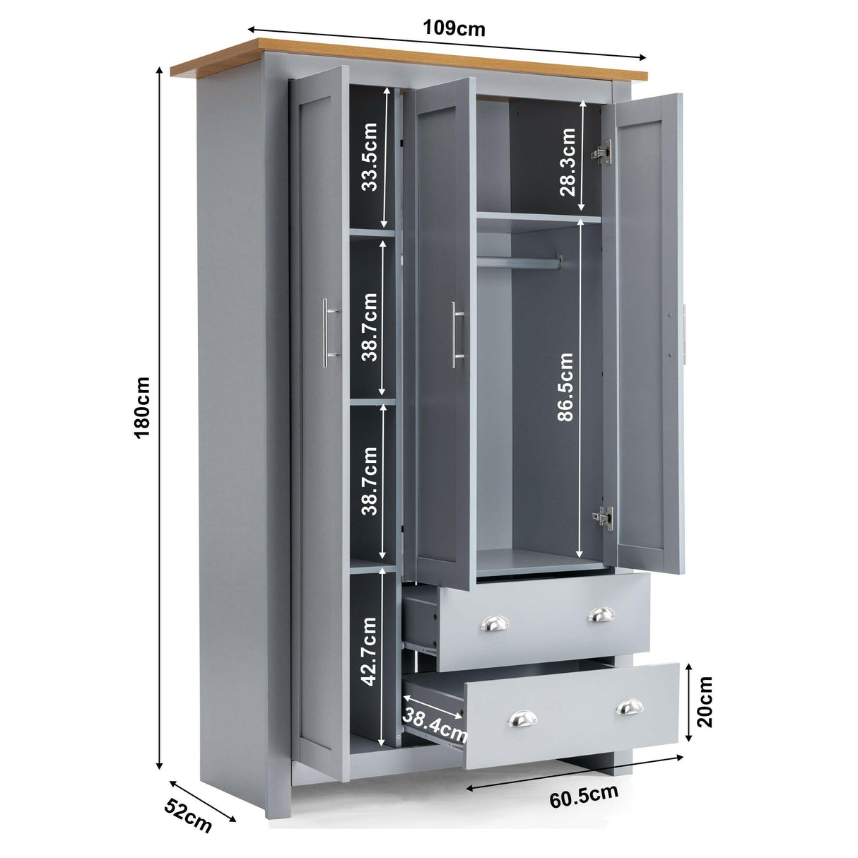 Dimensions of grey 3-door wardrobe with shelves and drawers, oak top.