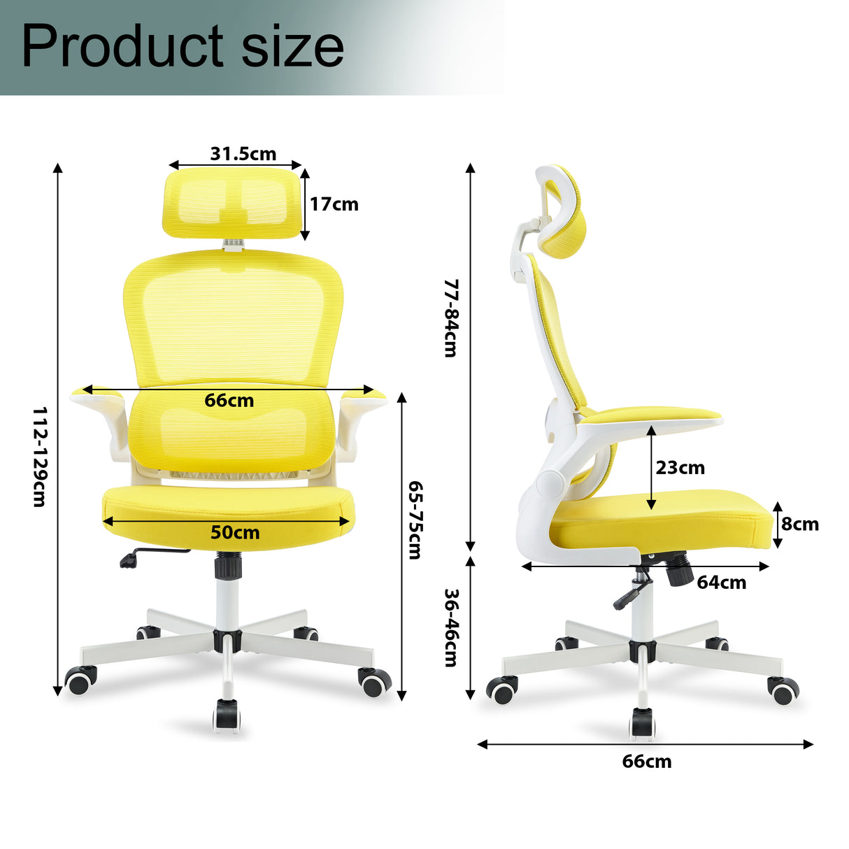 Dimensions of yellow office chair with ergonomic design, adjustable headrest, and lumbar support.