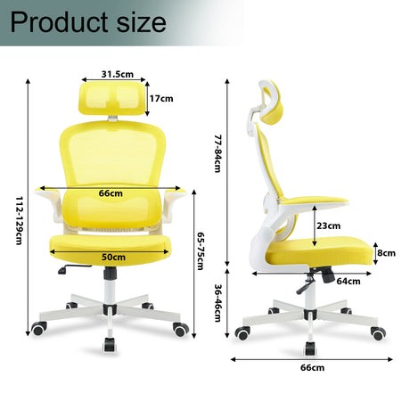 Dimensions of yellow office chair with ergonomic design, adjustable headrest, and lumbar support.